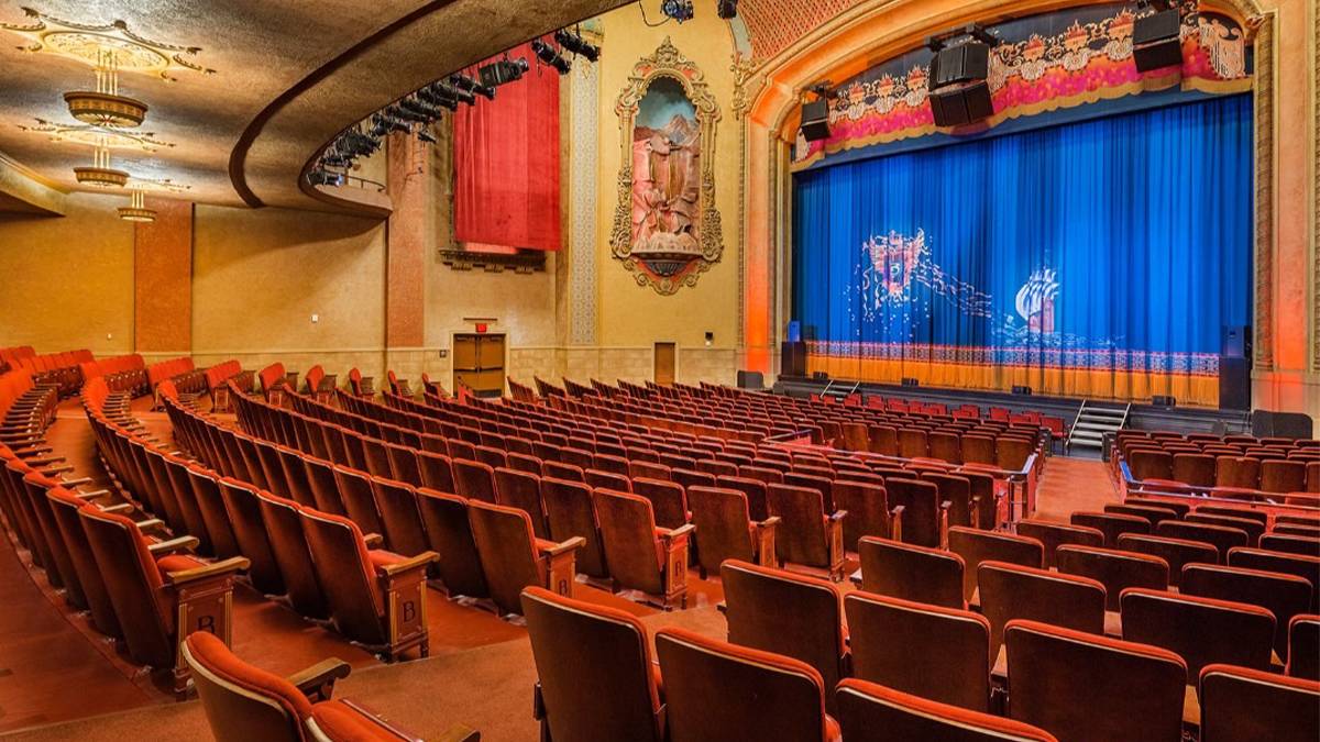 Interior view of the seats and stage at the Balboa Theatre in San Diego, California, USA