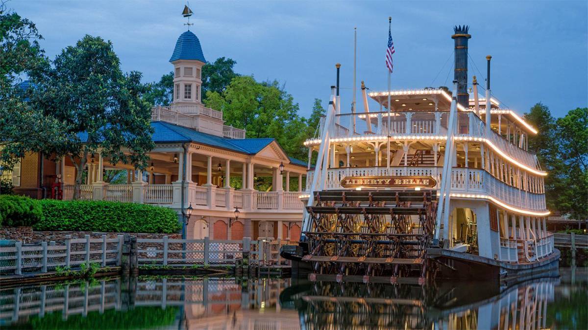 close up of the Liberty Square Riverboat at night with lights in the Magic Kingdom at Walt Disney World in Orlando, Florida, USA