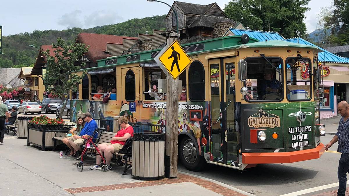 close up of the Parkway Free Trolley in Gatlinburg, Tennessee, USA