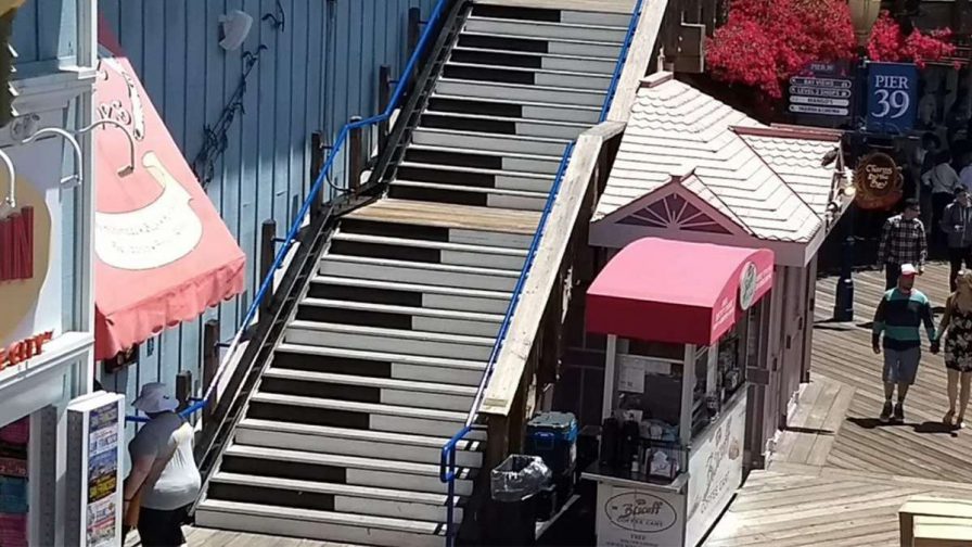 Wide shot looking down on the Musical Stairs at Pier 39 in San Francisco, California, USA