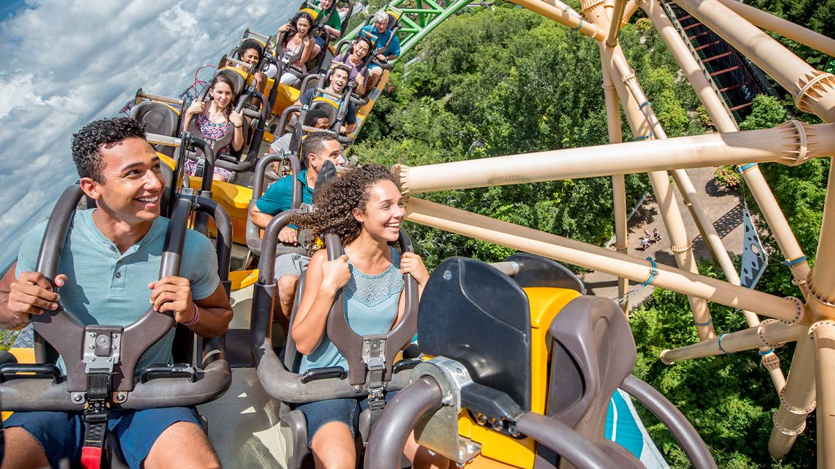 guests on a loop on Kumba roller coaster at Busch Gardens in Tampa, Florida, USA