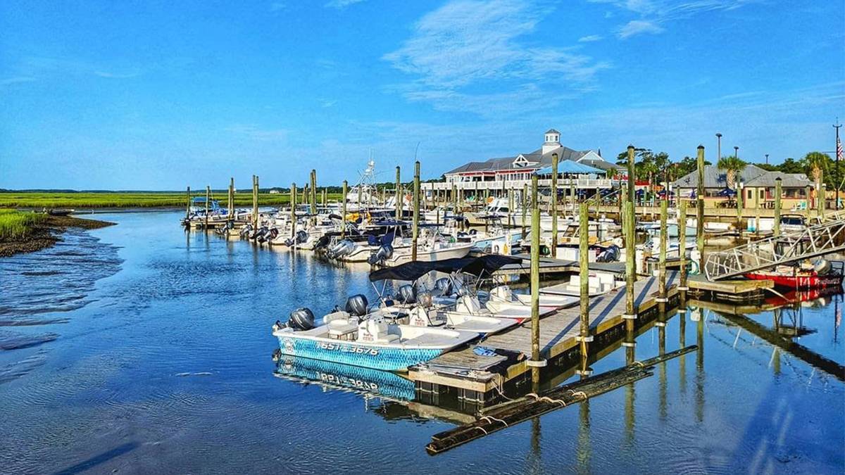 view from deck on a sunny day along the marshwalk in Murrell's Inlet near Myrtle Beach, South Carolina, USA