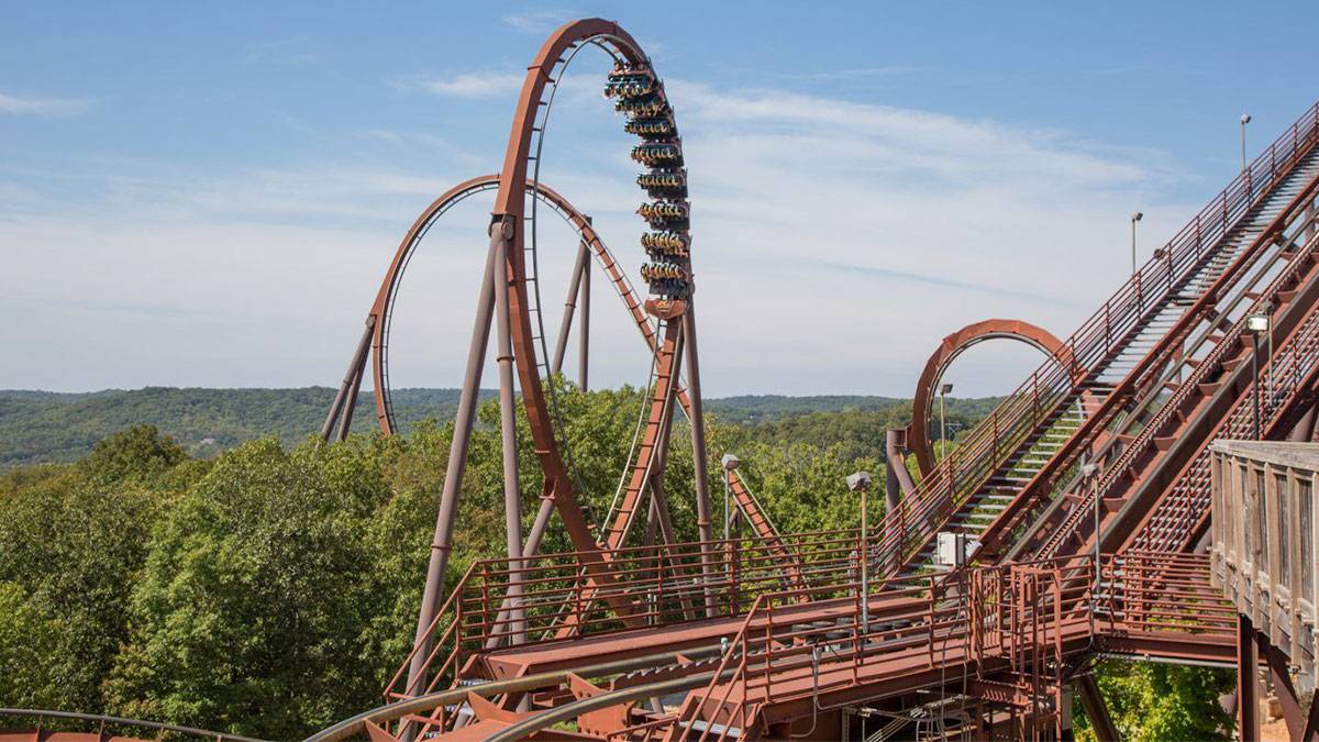 close up of Wildfire roller coaster loop at Silver Dollar City in Branson, Missouri, USA