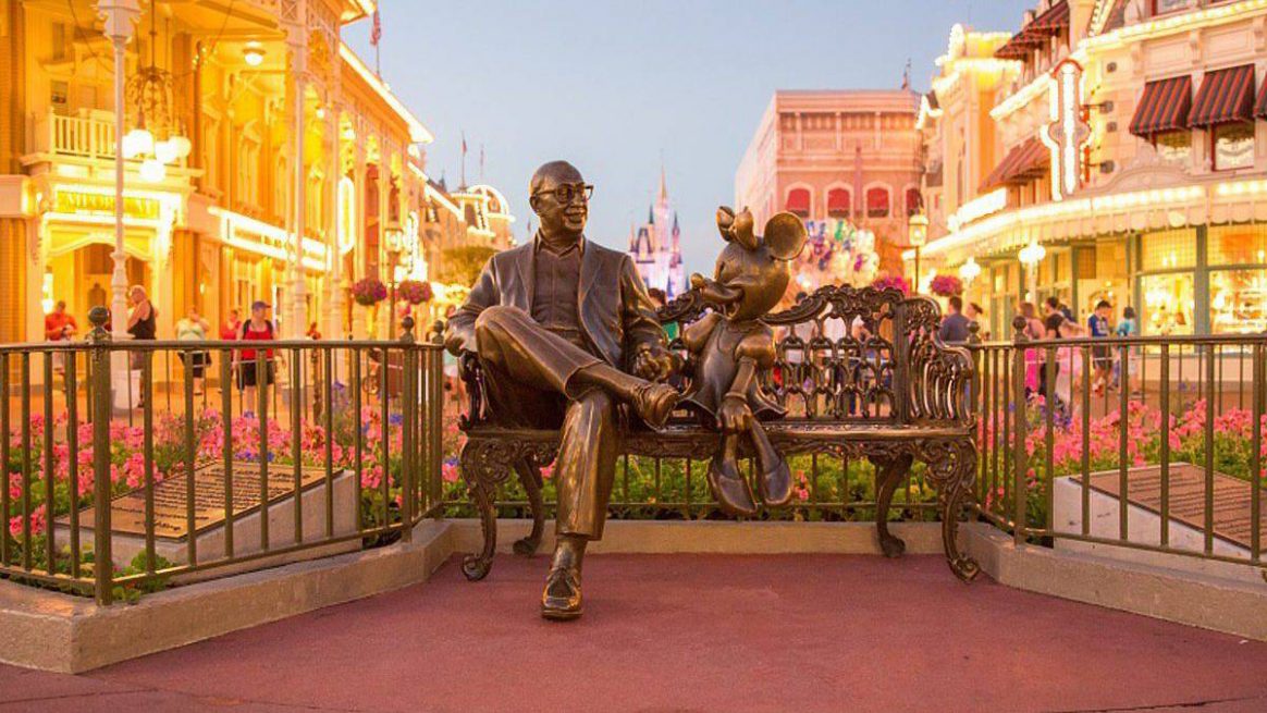 Disney World Orlando Walt Disney Statue at sunset in Orlando, Florida, USA