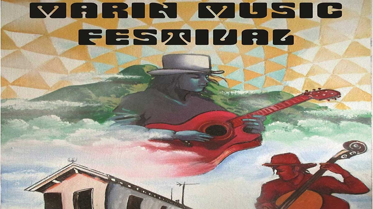 Marin Music Festival with painted guitarist figures and a house in the background