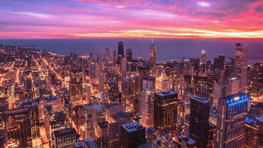 View of Chicago at sunset from Skydeck Chicago in Chicago, Illinois, USA