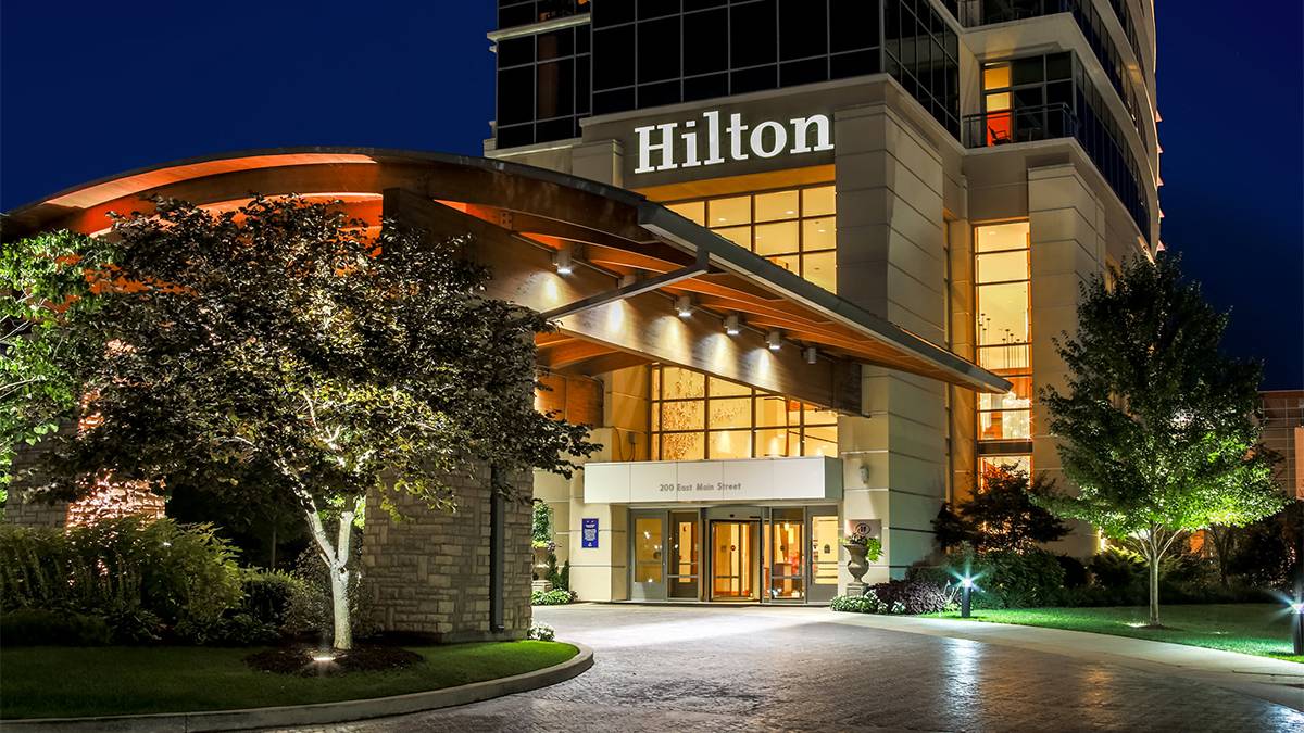 Ground view of the Hilton Branson Convention Center at night in Branson, Missouri, USA