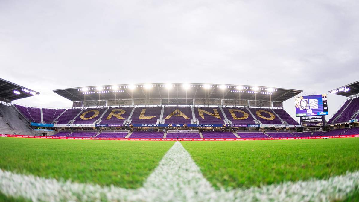 Wide shot of the bleachers for the Orlando City Soccer Club from the field on a cloudy day in Orlando, Florida, USA