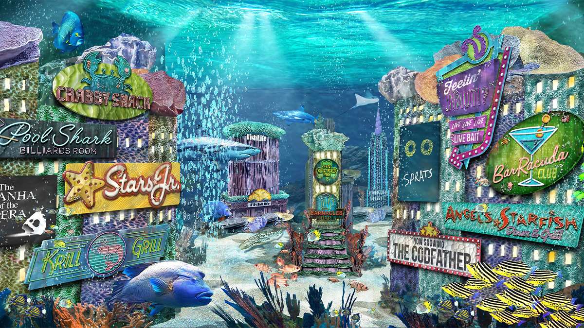 The Ocean View tunnel with signs that look similar to the one in NYC as part of the City Under the Sea at SEA LIFE Aquarium in Rutherford, New Jersey, USA