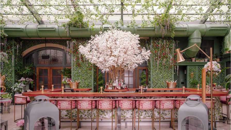 Wide shot of the pink and green ornate dining room covered in plants with a tree that has white leaves in the middle at The Garden Room in Atlanta, Georgia, USA