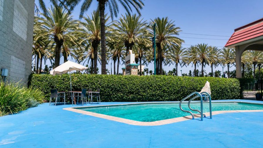 A bright blue pool with the concrete around it also painted blue and palm trees in the back ground at Anaheim Discovery Inn & Suites in Los Angeles, California, USA