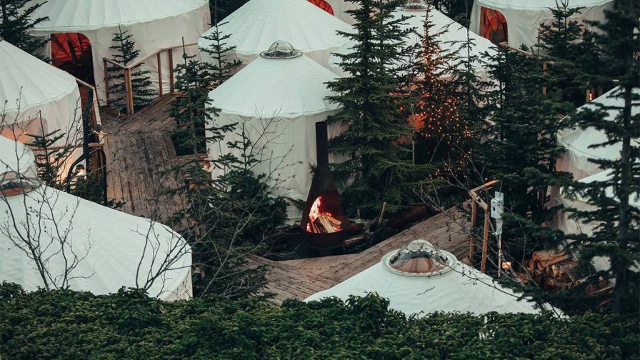 Looking down on all the little tents that make up part of Canlis Restaurant in Seattle, Washington, USA
