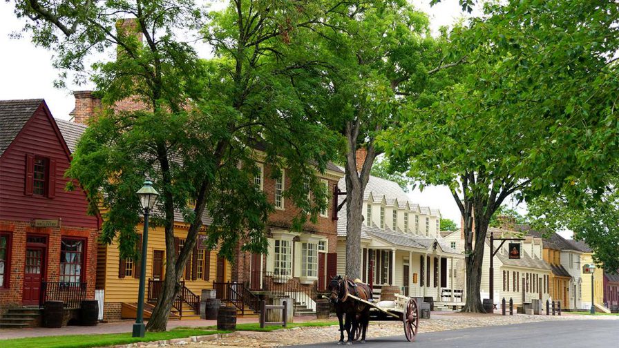 Street with a horse and carriage and historical houses on it with large trees in Colonial Williamsburg, Virginia, USA
