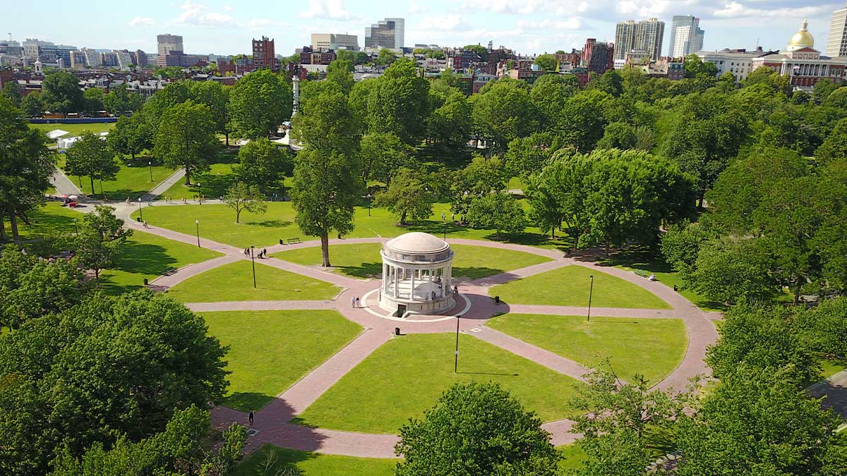 Aerial view of Parkman Bandstand at Boston Common surrounded by trees and building in distance in Boston, Massachusetts, USA