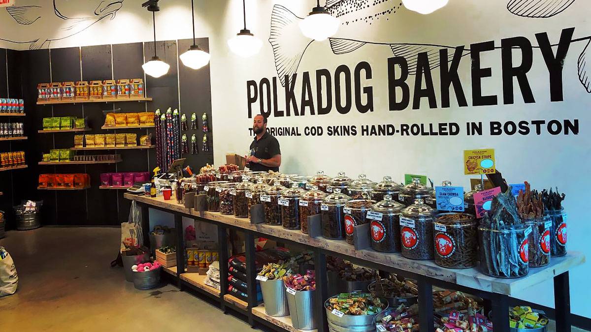 row of dog treats on table with sales attendant standing behind and large Polkadog Bakery sign painted on wall in Polka Dog Bakery, Boston, Massachusetts, USA