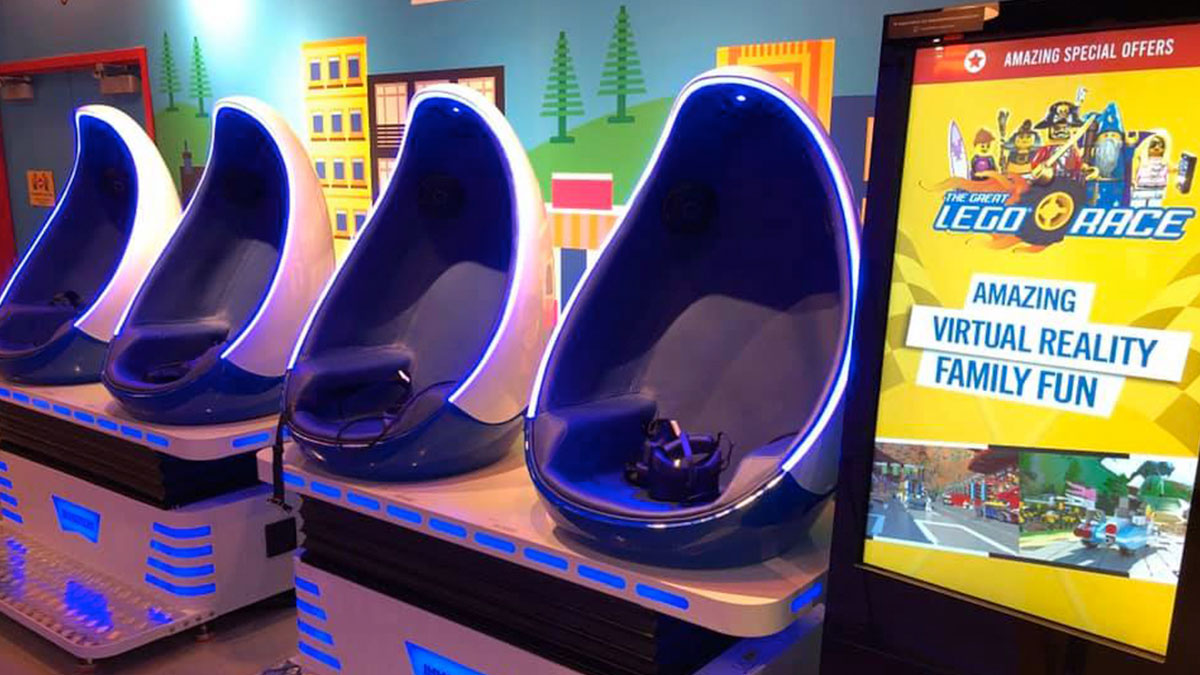 row of seats of The Greay Lego Race Virtual Reality Experience ride at Legoland San Antonio, Texas, USA