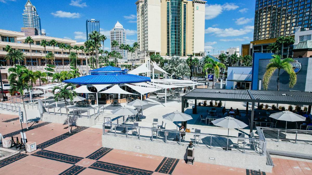 aerial view of The Sail Plaza on a sunny day with blue sky and clouds and buildings in background in Tampa Bay, Florida, USA