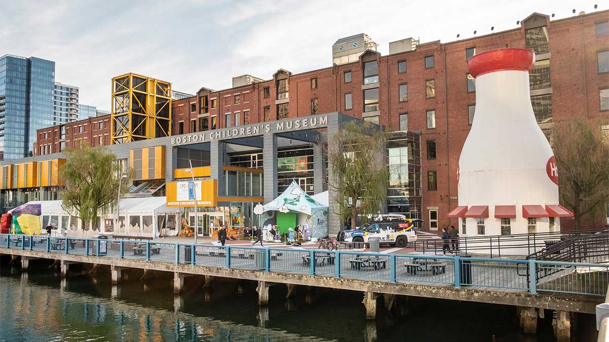 Exterior view of Boston’s Children’s Museum with a giant bottle of milk in front of it in Boston, Massachusetts, USA