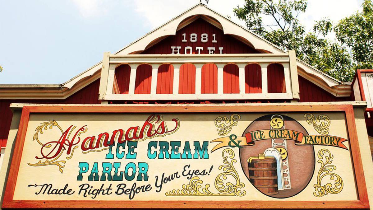 View looking up at the old time sign for Hannah's Ice Cream Parlor at Silver Dollar City in Branson, Missouri, USA