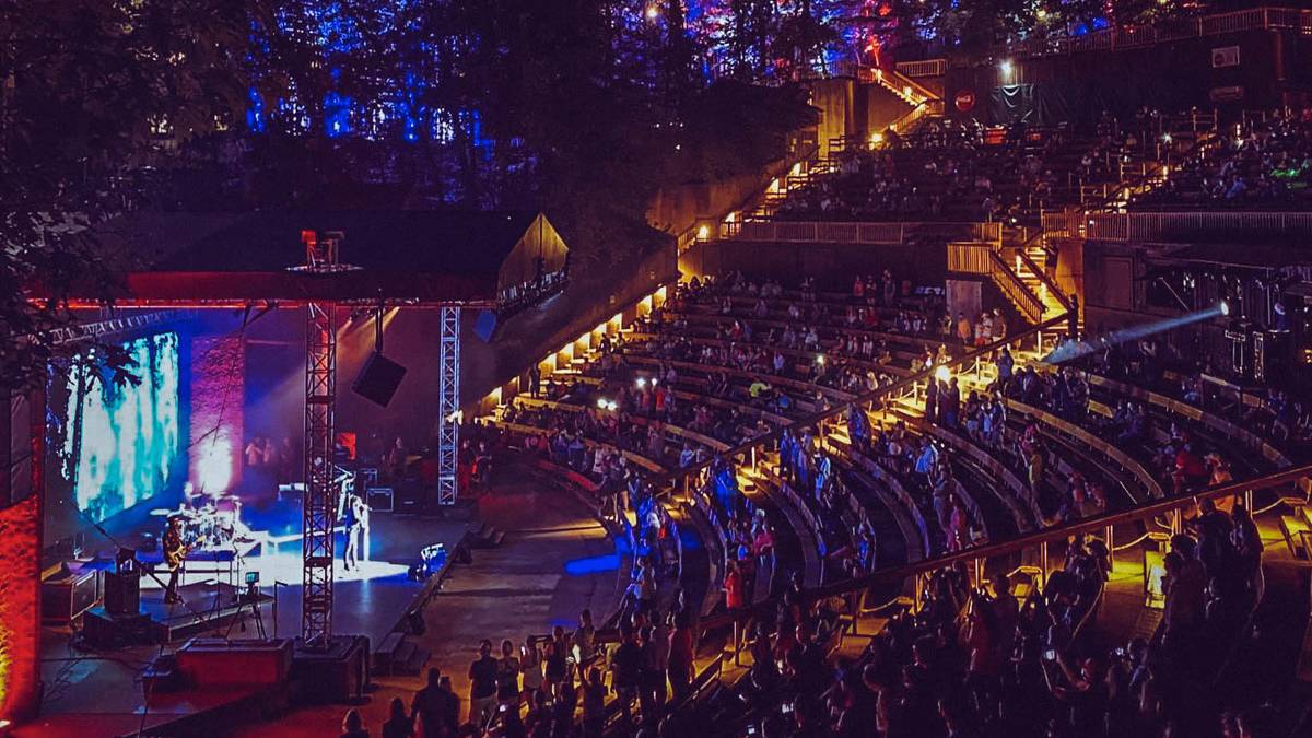 View looking down at a full stadium at night for Newsboys at Silver Dollar City in Branson, Missouri, USA