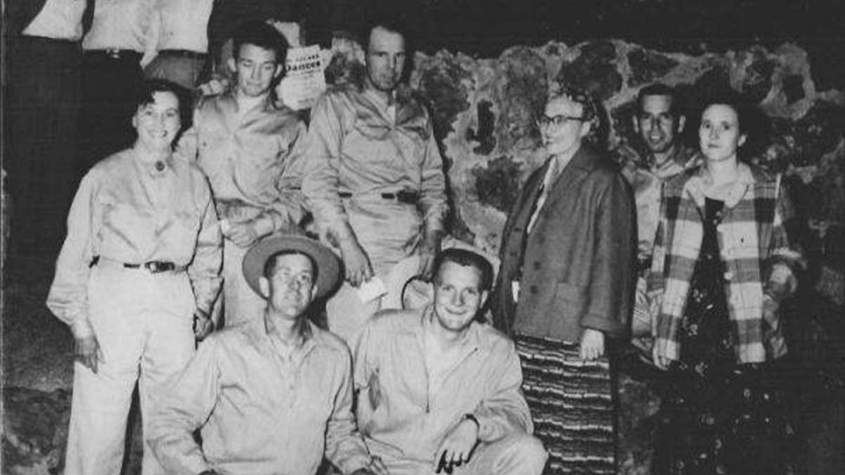 Vintage close up photo of Marvel Cave staff from 1957 at Silver Dollar City in Branson, Missouri, USA