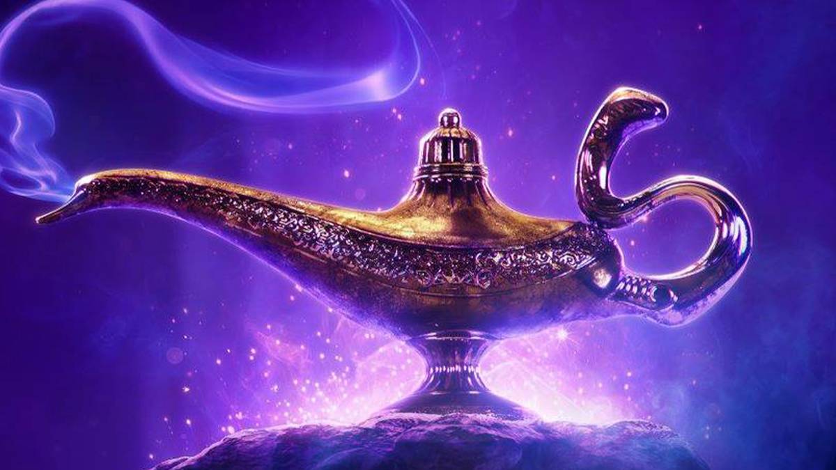 Close up of the magic genie lamp from Aladdin on a purple background.