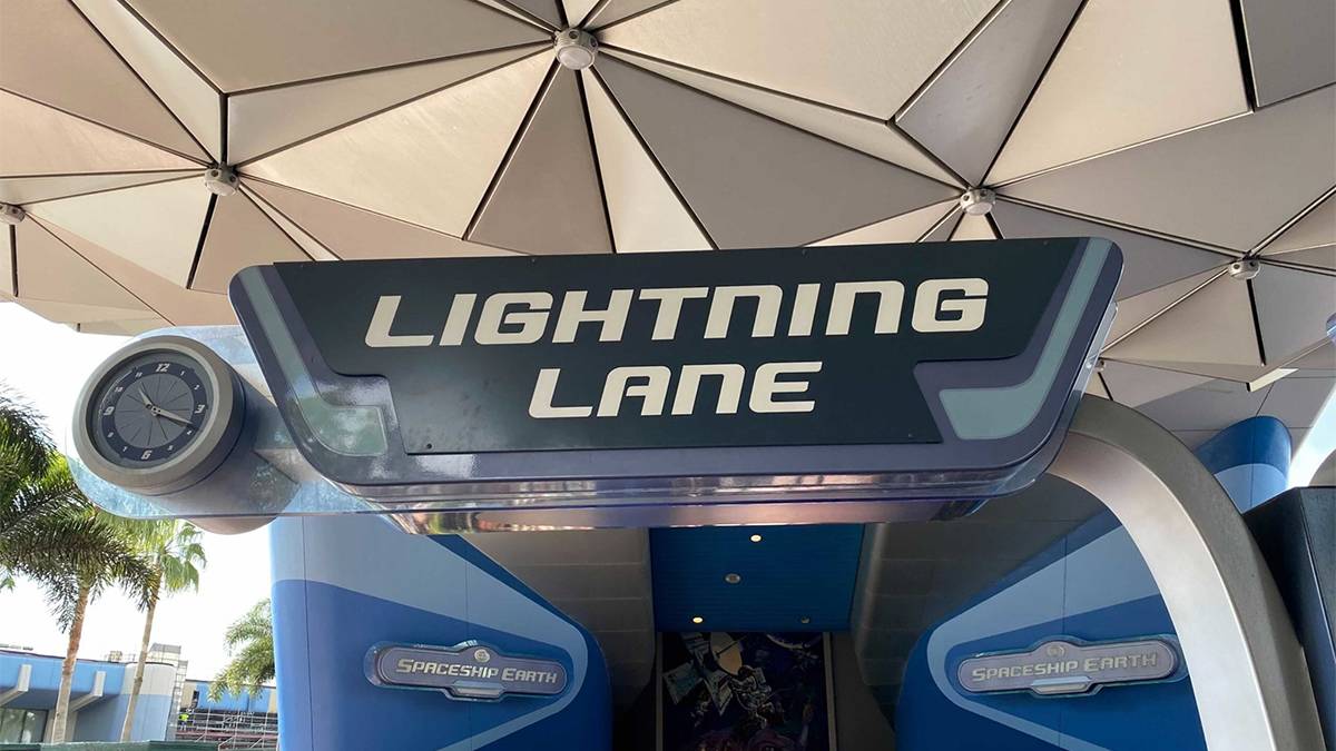Close up of a Lightning Lane sign at EPCOT in Walt Disney World in Orlando, Florida, USA