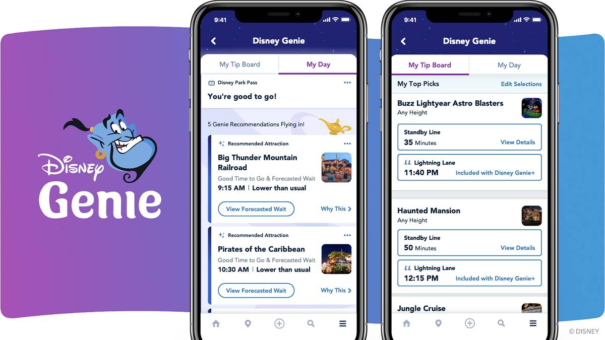 A blue purple and white graphic with two phones showing the Genie App and an illustration of Genie's head to the left for