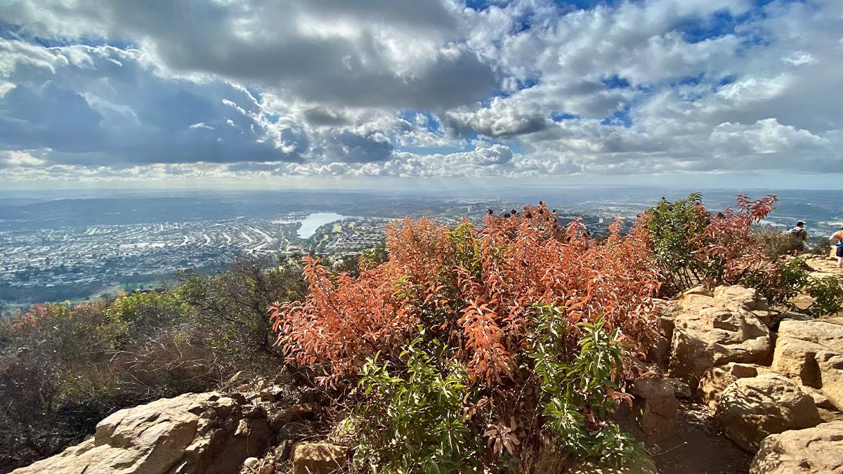 View from the top of Cowles Mountain with a bright cloudy sky overhead in San Diego, California, USA