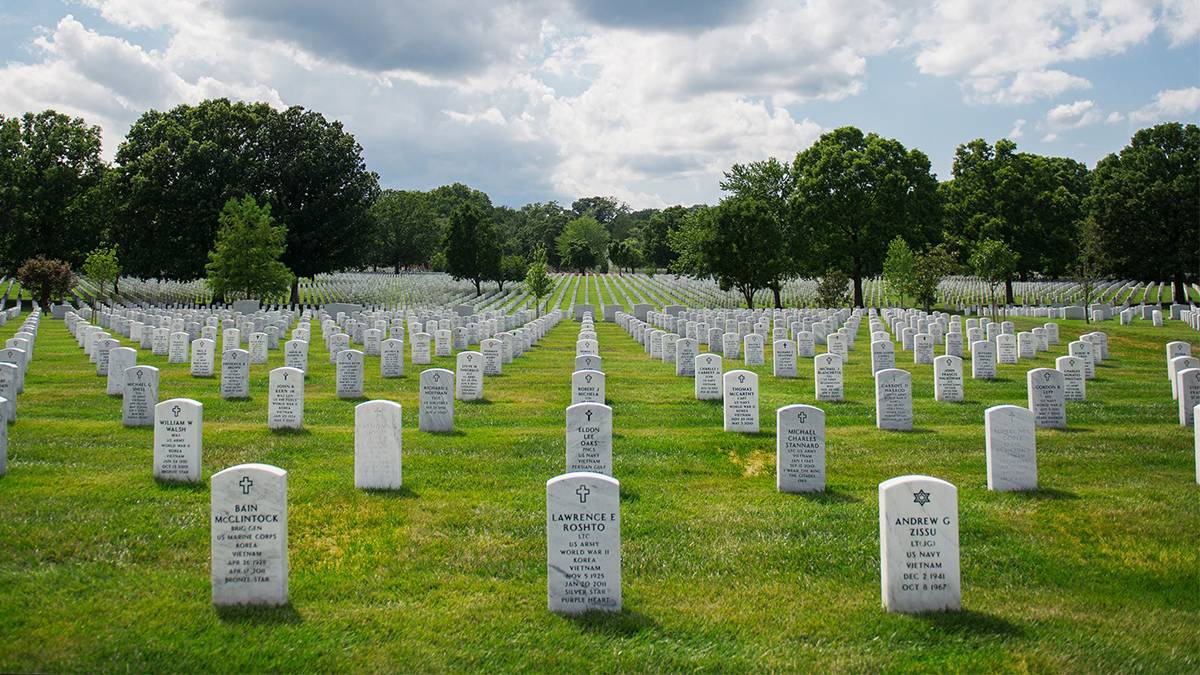 Wide shot of rows upon rows of white headstone marking the graves of soldiers on a sunny day with trees in the background at Arlington National Cemetery in Washington, DC, USA